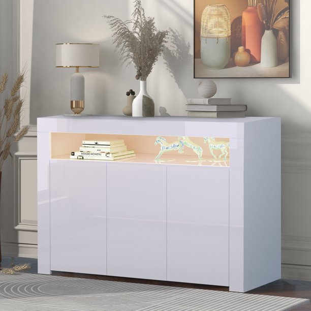 White Buffet Cabinet, High Gloss Kitchen Sideboard Cupboard with LED ...