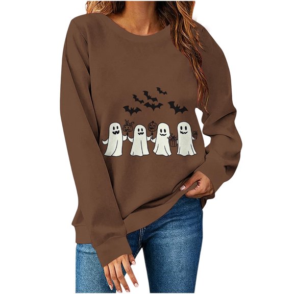 Yteetum Women's Halloween Sweatshirts Long Sleeve Ghost Pumpkin Graphic Print Crewneck Pullover Sweatshirt Fall Winter Loose Comfy Thanksgiving Printed Sweatshirts Tops