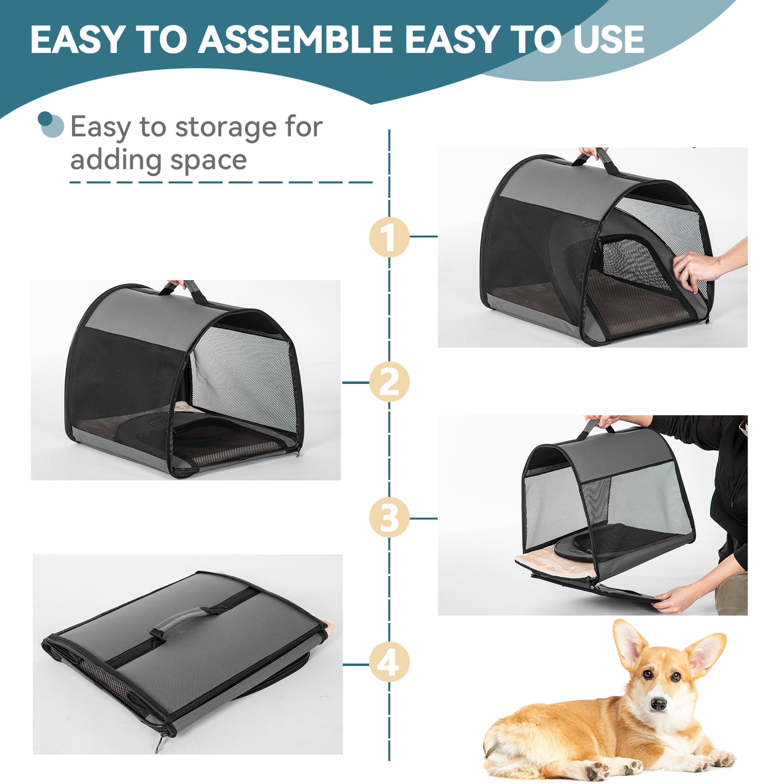 Petsfit Soft Dog Crate for Medium Dog, Arch Design Indoor & Outdoor Soft Sided Travel Crate, Collapsible Portable Pet Carrier,Grey,Medium