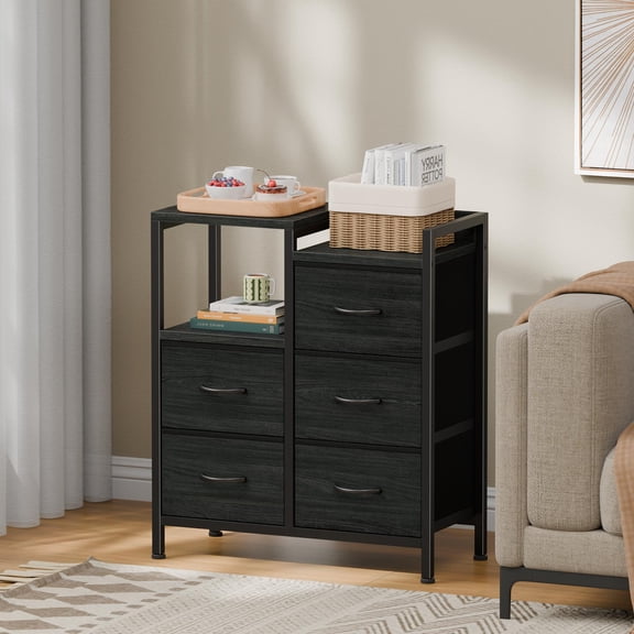 TYDIMOR 5 Drawer Fabric Dresser for Bedroom, Black Oak Chest for Closet & Living Room, Ideal for Adults