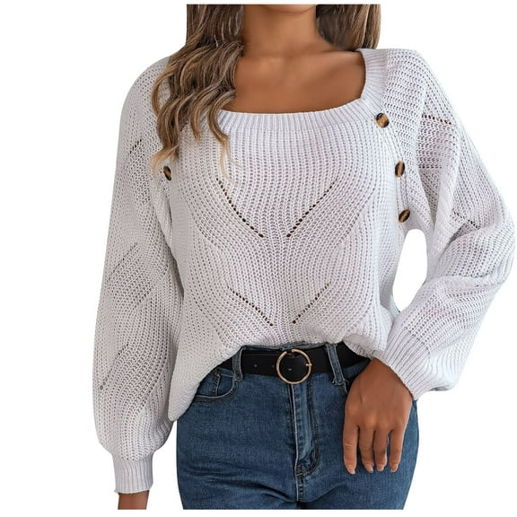 PuLe Sweaters for Women Women Square Neck Knitted Long Sleeves Sweaters Lantern Sleeve Buttons Solid Color Crochet Loose Pullover Tops