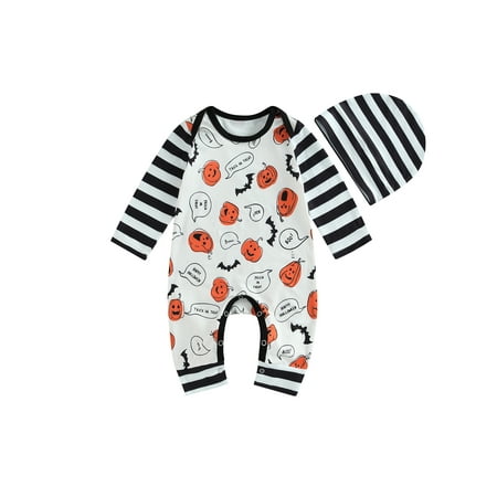 

Halloween Newborn Baby Girl Boy Romper Pumpkin Print Stripe Long Sleeve Jumpsuit Bodysuit with Hat Outfits Fall Clothes
