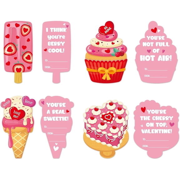 WaaHome Valentines Day Cards for Kids Classroom - 28 Sweet Ice Cream Girly Valentine Cards with Envelopes Bulk Valentines Party Favor Supplies & Exchange Gifts for Girls Kids Children Classmates