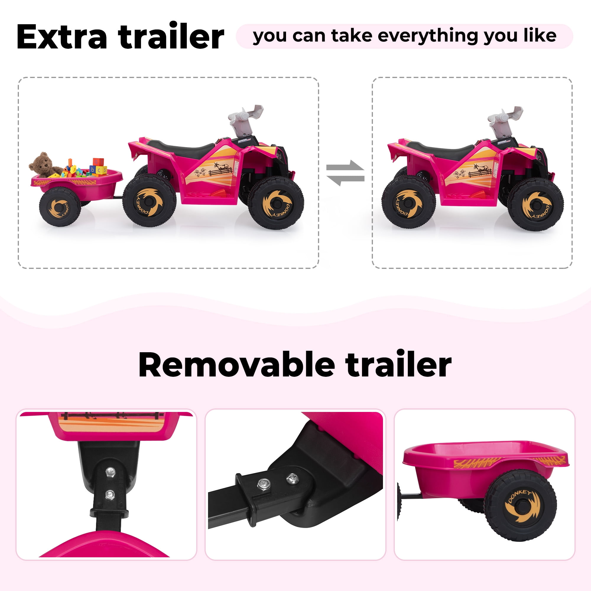 Jaxpety 6V Kids Ride On Toy for Toddler, Kids ATV 4 Wheeler for 1-3 Boys & Girls with Trailer, Music, Bluetooth