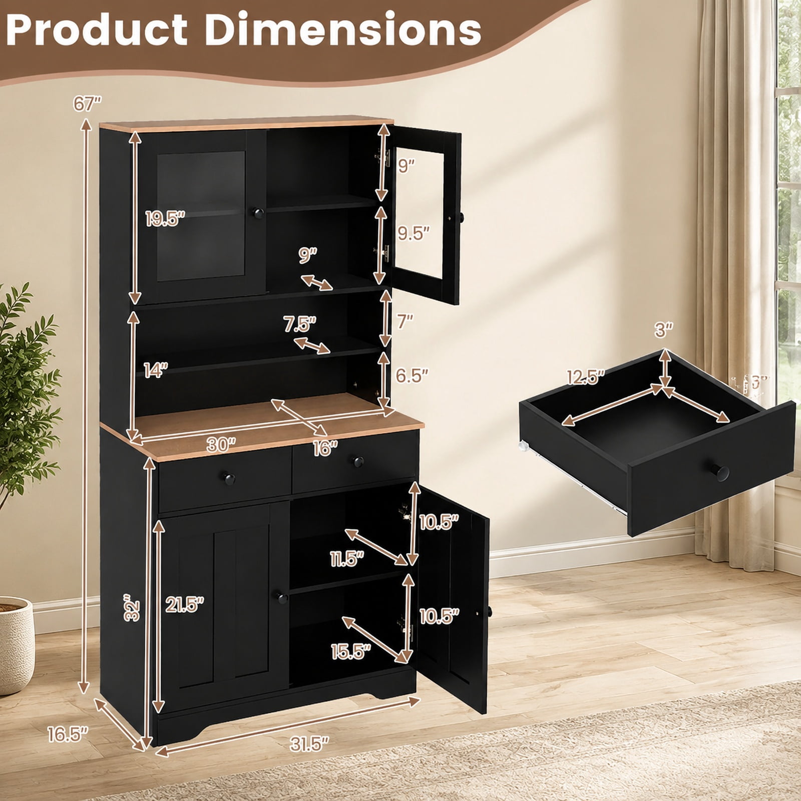 Furnibear Tall Kitchen Pantry Cabinet with Glass Doors 2 Drawers Adjustable Shelves and Countertop Freestanding Storage Cabinet for Kitchen, Black