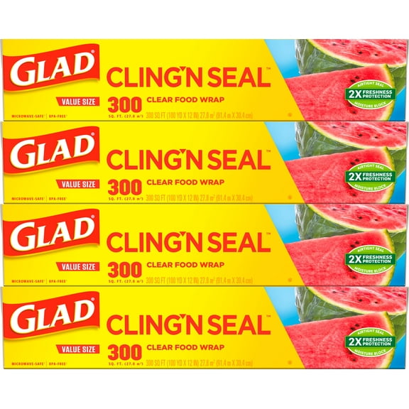 Glad Cling N Seal Plastic Wrap for Food, Airtight Seal, 300 Square Foot Roll (Pack of 4)
