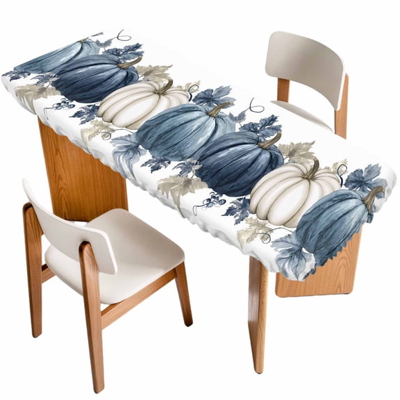Fall Blue Pumpkins Table Cloths for 8 Foot Rectangle Tables, Thanksgiving Autumn Watercolor Leaf Patio Waterproof Elastic Fitted Tablecloths, Washable Rectangular Table Cover for Camping