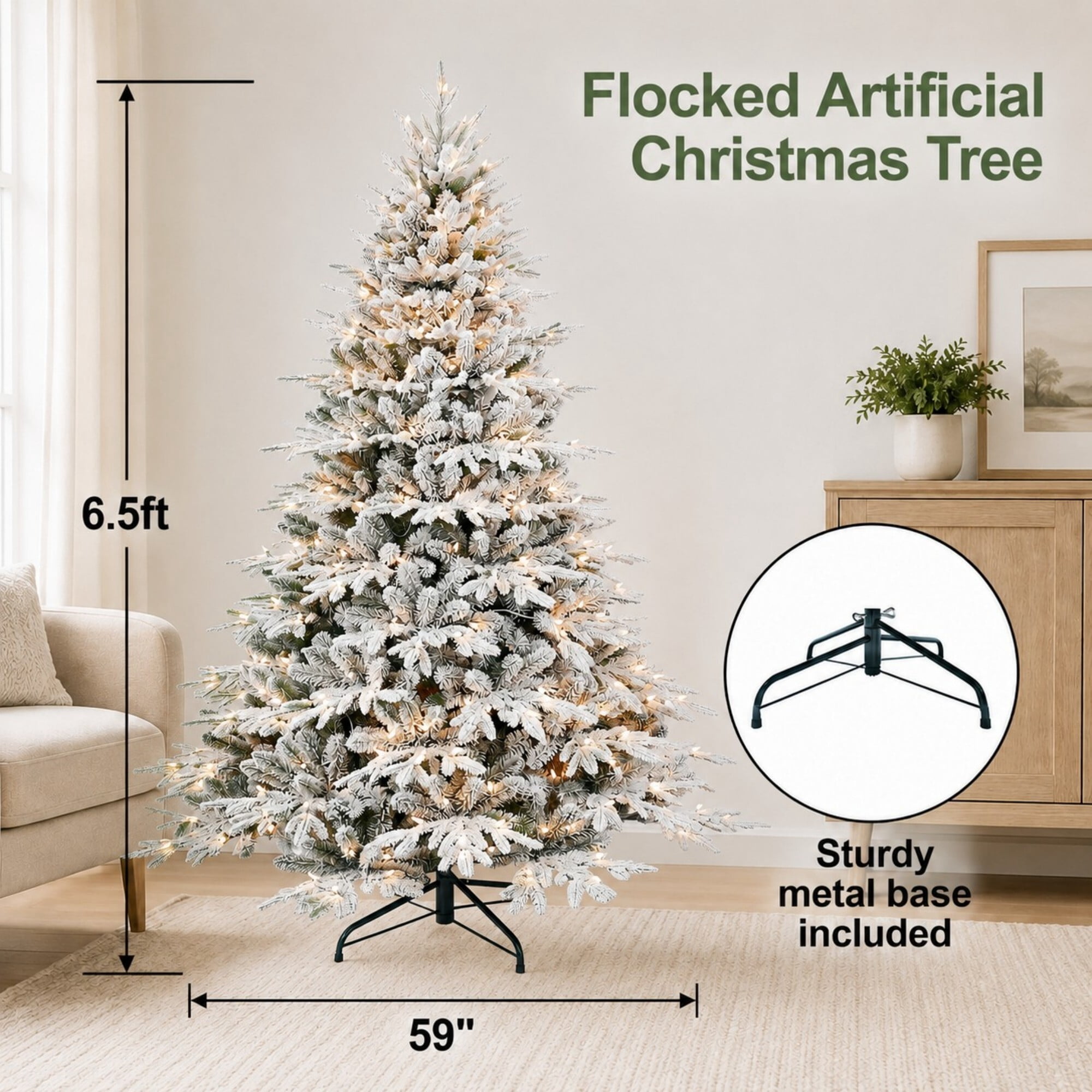 DEALTOPS 6.5ft Pre-Lit Flocked Artificial Christmas Tree, 450 Warm White Lights, 2225 Tips, Foldable Metal Stand