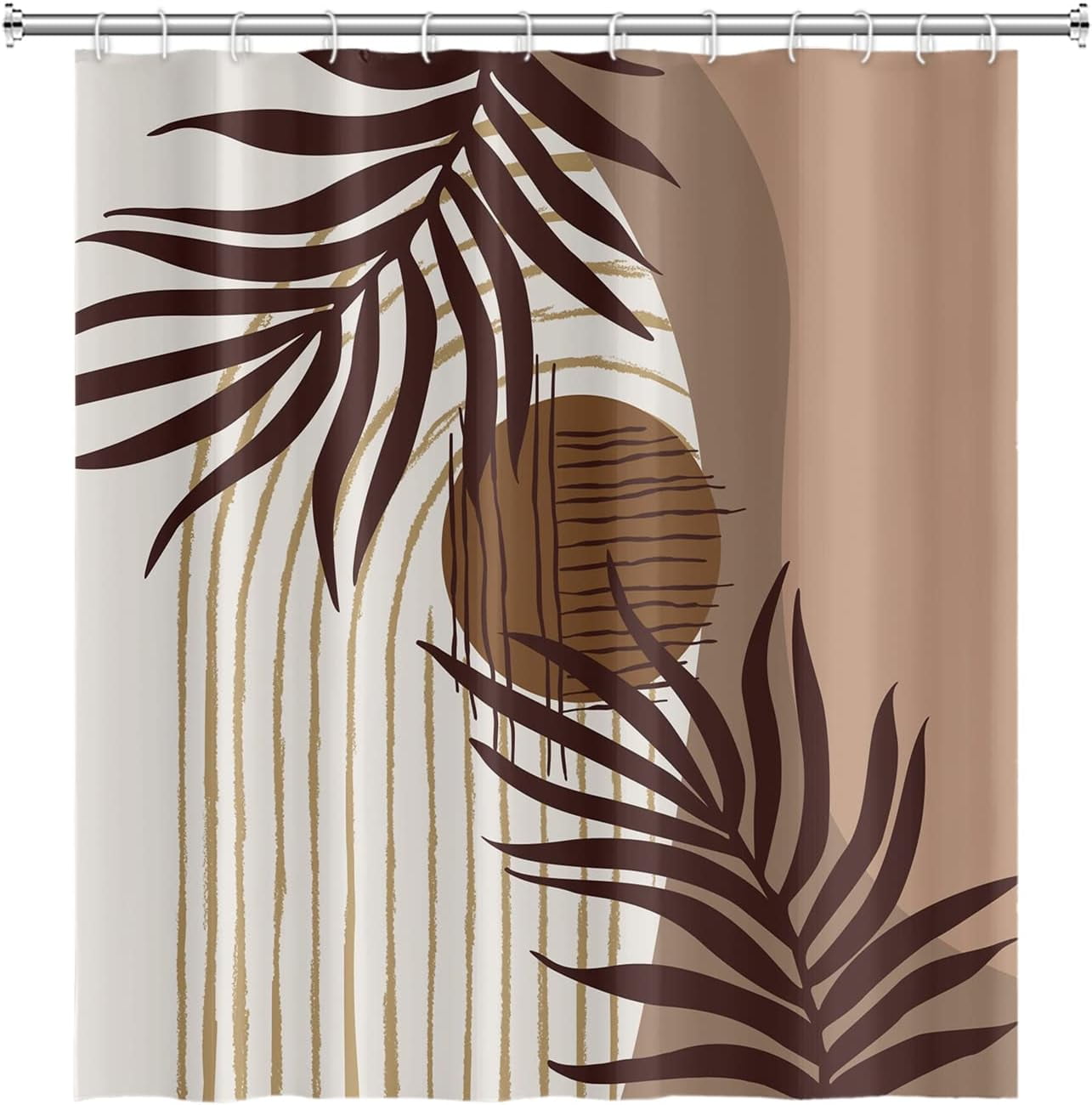 Abstract Mid Century Boho Bathroom Shower Curtain Eucalyptus Leaves Brown and Beige Sun Shower Curtain with Hooks Waterproof Fabric Polyester Shower Curtain for Art Home Decor, 72x72 Inch