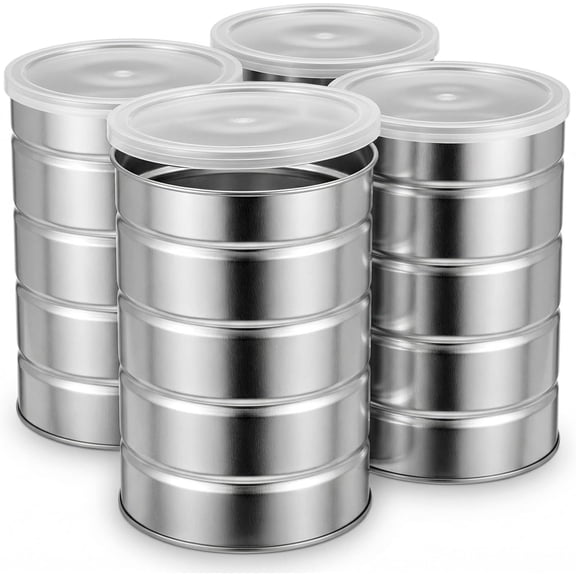 Empty Coffee Cans with Clear Lids 4 Pack, 1 Quart Metal Storage Canisters, 5.75 x 4 Inch Steel Tins for Kitchen Pantry Crafts Candle Making Hardware Plants, Silver