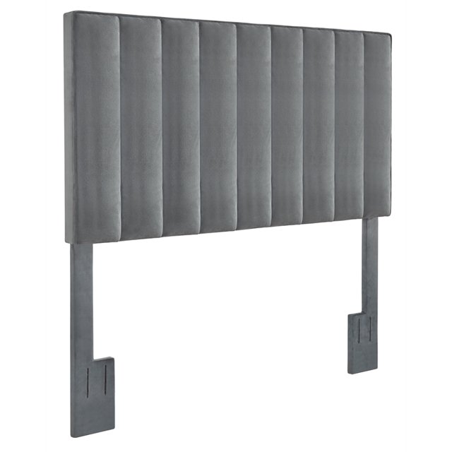 Crushed-Velvet Vertically Channeled Full or Queen Headboard in Gray Fabric