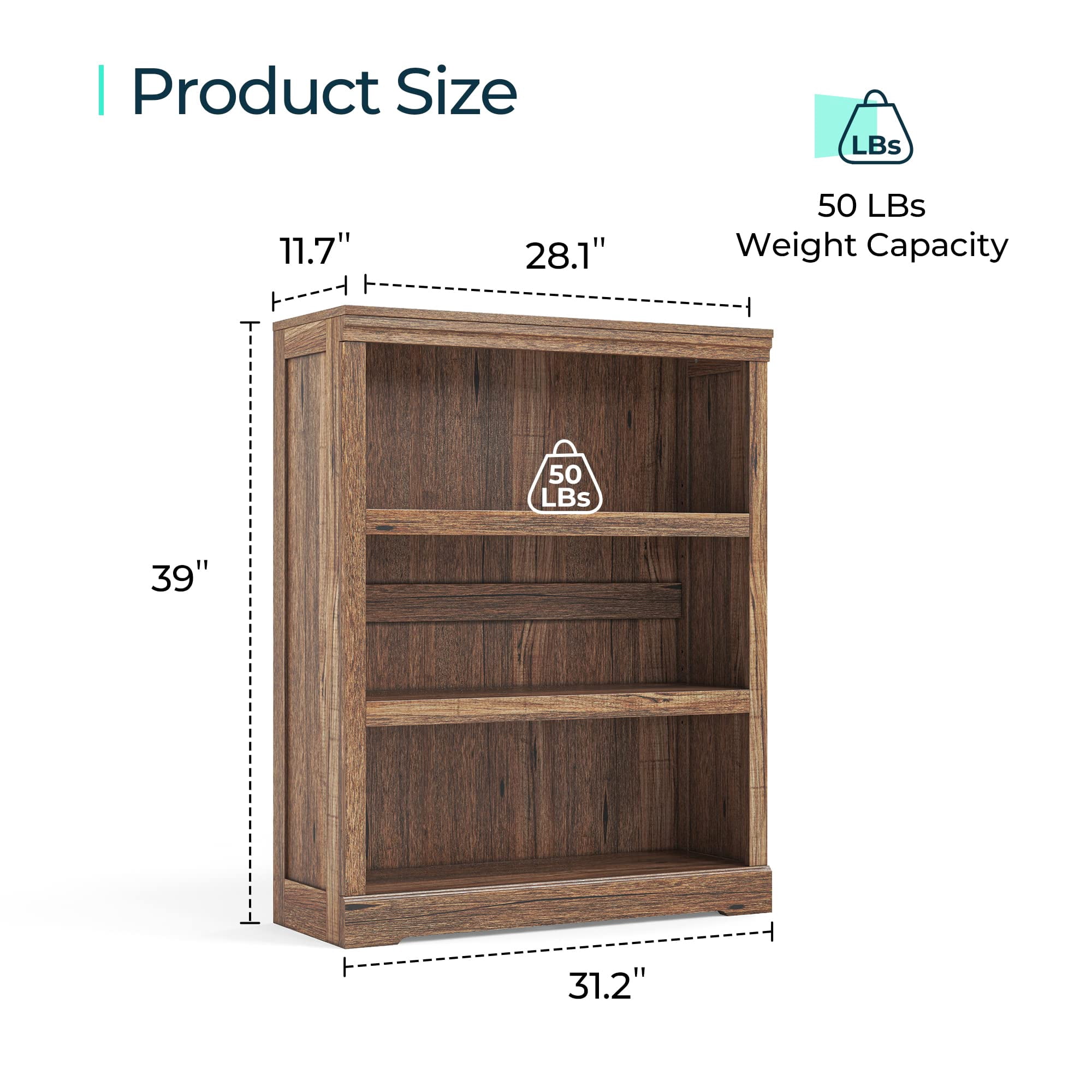 LINSY HOME 40in 3 Tier Bookshelf, Small Bookcase Shelf Storage Organizer, Modern Book Shelf for Bedroom, Living Room and Home Office,Dark Brown
