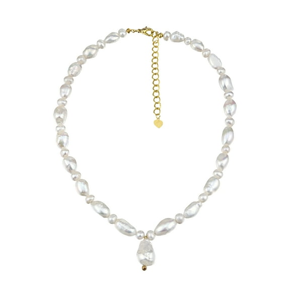 Classic Natural String of Freshwater White Pearls Gold-Plated Brass Necklace