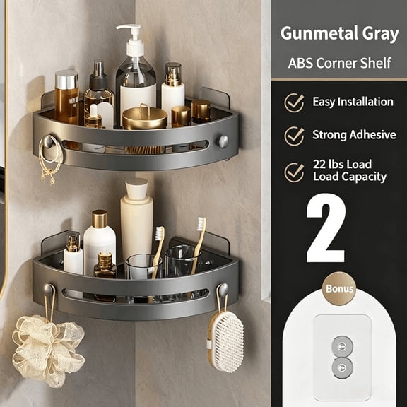 2‑Tier Corner Shower Caddy Wall Mount Bathroom Shelf No Drill Adhesive Shower Organizer with Hooks