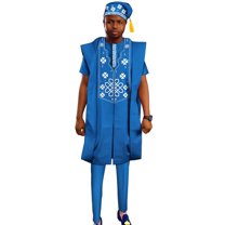 African Men Clothing Dashiki 4pcs Embroidered Robes Shirts and Pant Set with Hat Patchwork Party Wedding Outfit Wyn2026
