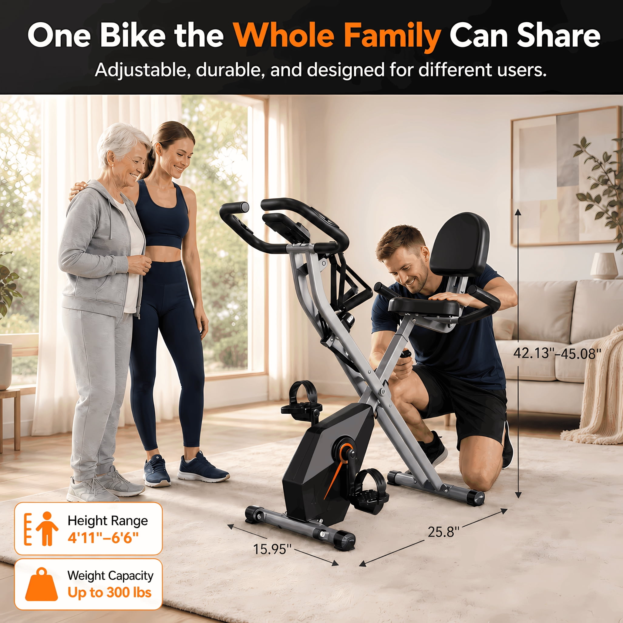 USLIM Foldable Exercise Bike for Home, Stationary Bikes for  Cardio Workout with 16-Level Resistance, Resistance Bands, LCD Monitor, 300 lb Capacity