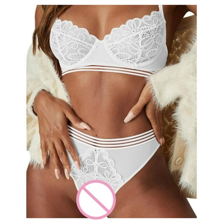 

nsendm Women Underwear Lingerie Lace 2PCS Sexy Nightwear Push Garter Up Bra Belt Set Lace Satin Pajama Set Underwear White X-Large