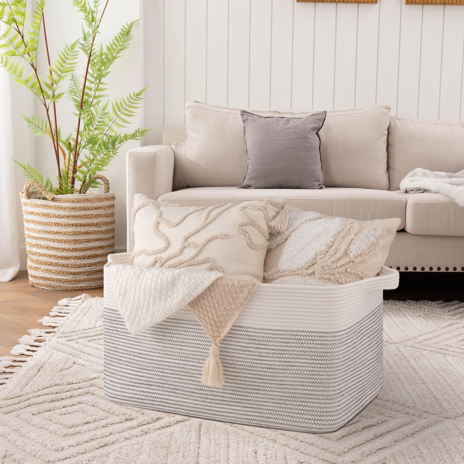 Extra Large Blanket Basket, 95L Woven Storage Basket, Cotton Rope Toy Bin for Baby Room, Container for Storage in Living Room, 24''×17''×14'', Black & White