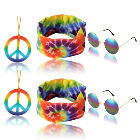 6PCS Hippie Outfit Accessories Set with Hippie Sunglasses, Peace Sign Necklaces, Tie Dye Headbands for Men Women, Dressing Accessories for 60s 70s Themed Party
