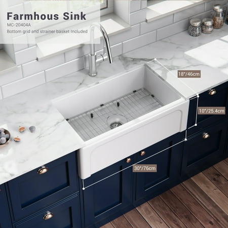 ELLAI 30 inch Farmhouse Sink?Fireclay Apron Front Single Bowl Kitchen Sink Deep Drop In Farm Sink Undermount with Strainer Drain&Custom Bottom Grid