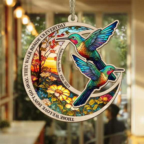 X¢a   Personalized Hummingbird Stained Glass Window Hanging, Hummingbirds Suncatcher Gift, Sympathy Gift, Hanging Decoration