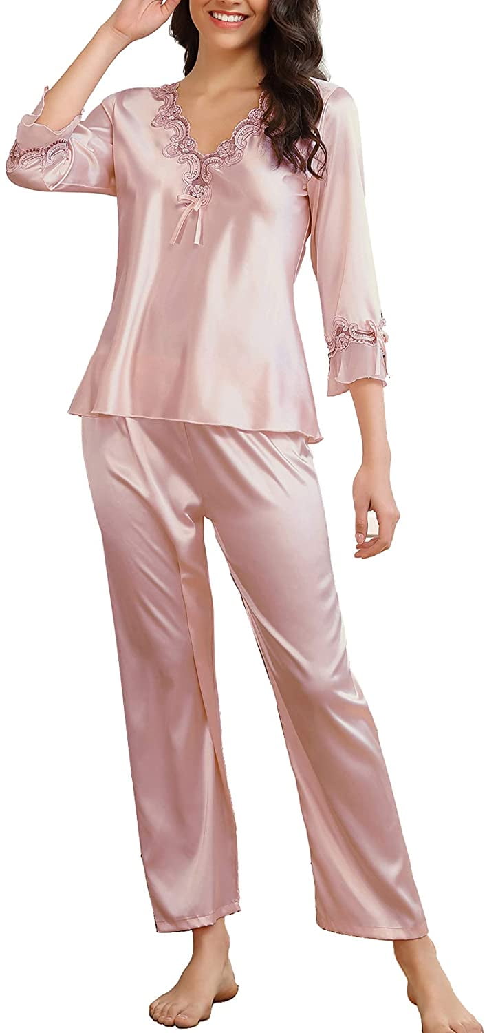 DF-deals Womens Silk Satin Pajamas Set Shorts Sleepwear Button Down Two-Piece Nightwear Soft Pj Sets Loungewear