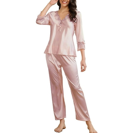 

Womens Silk Satin Pajamas Set 2 Piece Sleepwear Loungewear 3/4 Sleeve Pullover Lounge Sets Silky Pj Set