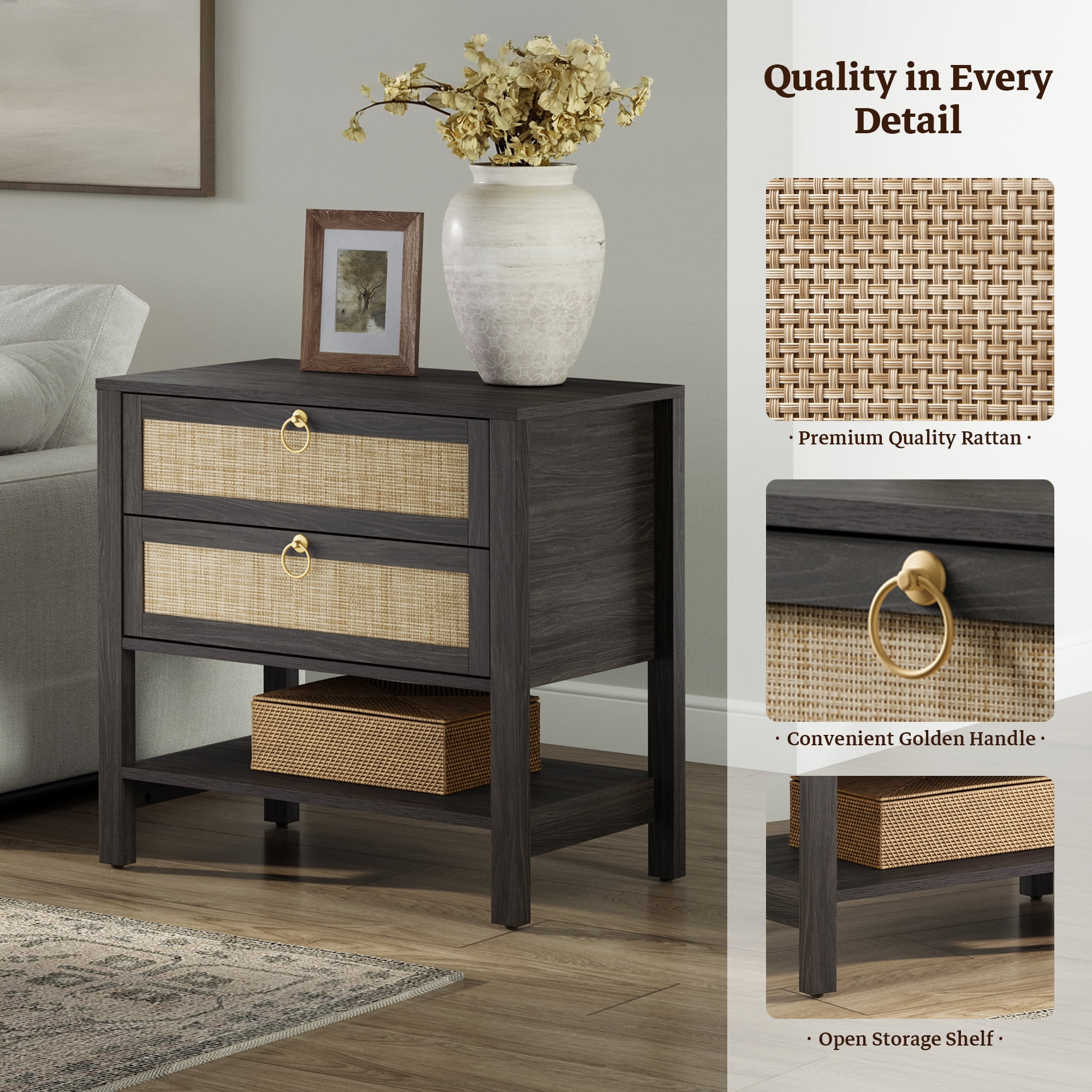 Surmoby 26.7"W Large Boho Coastal Nightstand Set of 2 with Dual Rattan Drawers & Open Shelf - Farmhouse Bedside Tables for Bedroom Living Room Enterway, Black