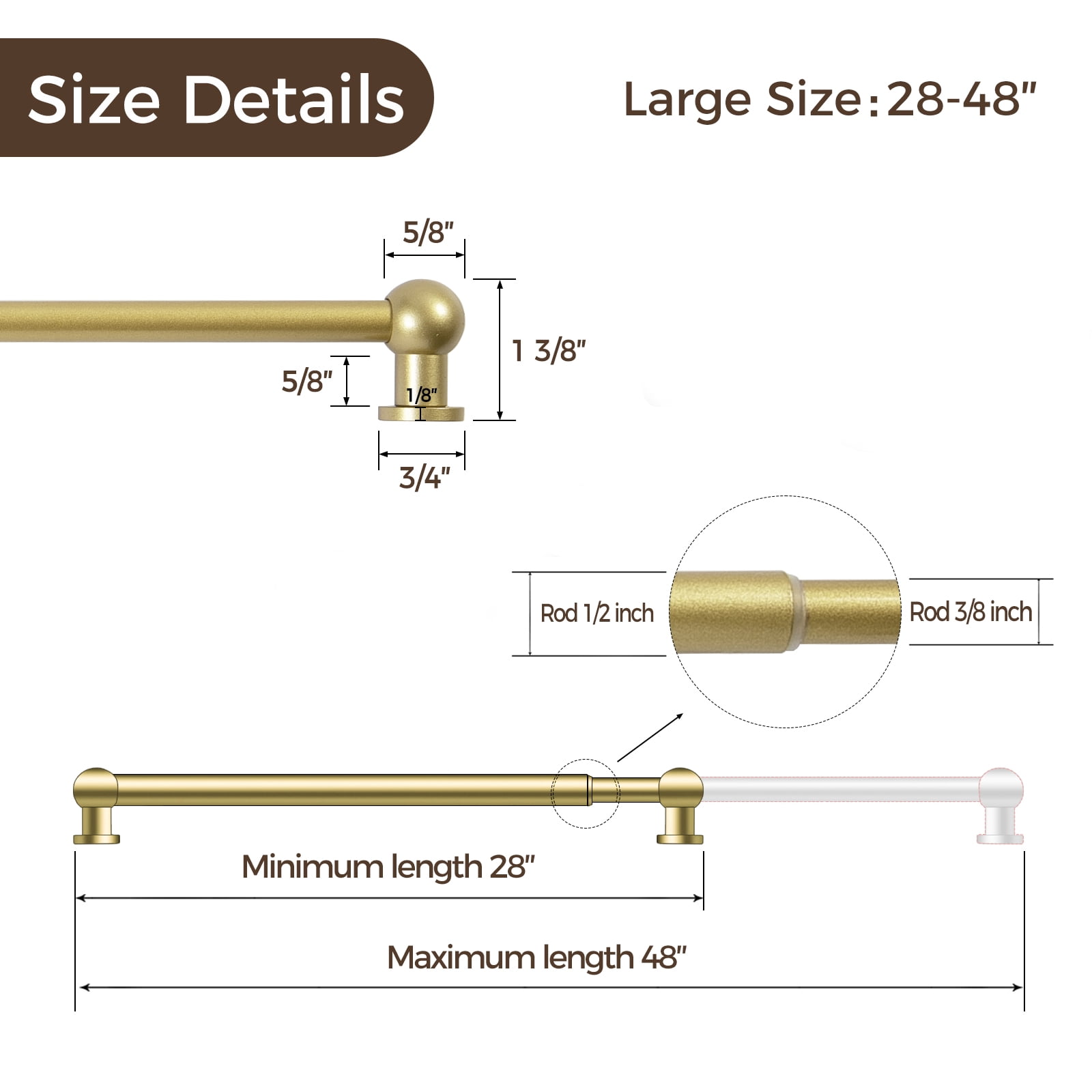 TWOPAGES 28" to 48" Adjustable Gold Cafe Curtain Rod with Rings for Kitchen Bedroom French Door