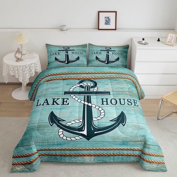 Juego de edredón Queen Size, tema náutico Azul tablón de madera de plumón edredón con