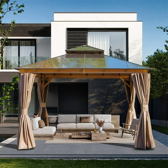 CoSoTower 12'X12' Hardtop Gazebo, Permanent Outdoor Gazebo with Polycarbonate Double Roof, Aluminum Gazebo Pavilion with Curtain and Net for Garden, Patio, Lawns, Deck, Backyard(Wood-Looking)