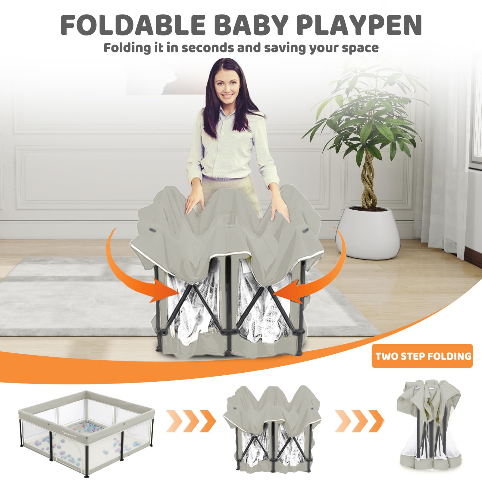 Foldable Baby Playpen with Mat, Collapsible Play Pen for Babies and Toddlers, Indoor & Outdoor Kids Safety Play Pen, Portable Play Yard with 50 Ocean Balls, 50"×50", Beige