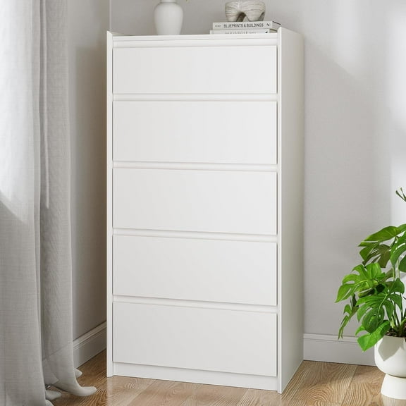White Tall Dresser, 5 Drawer Dresser for Bedroom, Wood Chest of Drawers, Modern Storage Cabinet for Living Room