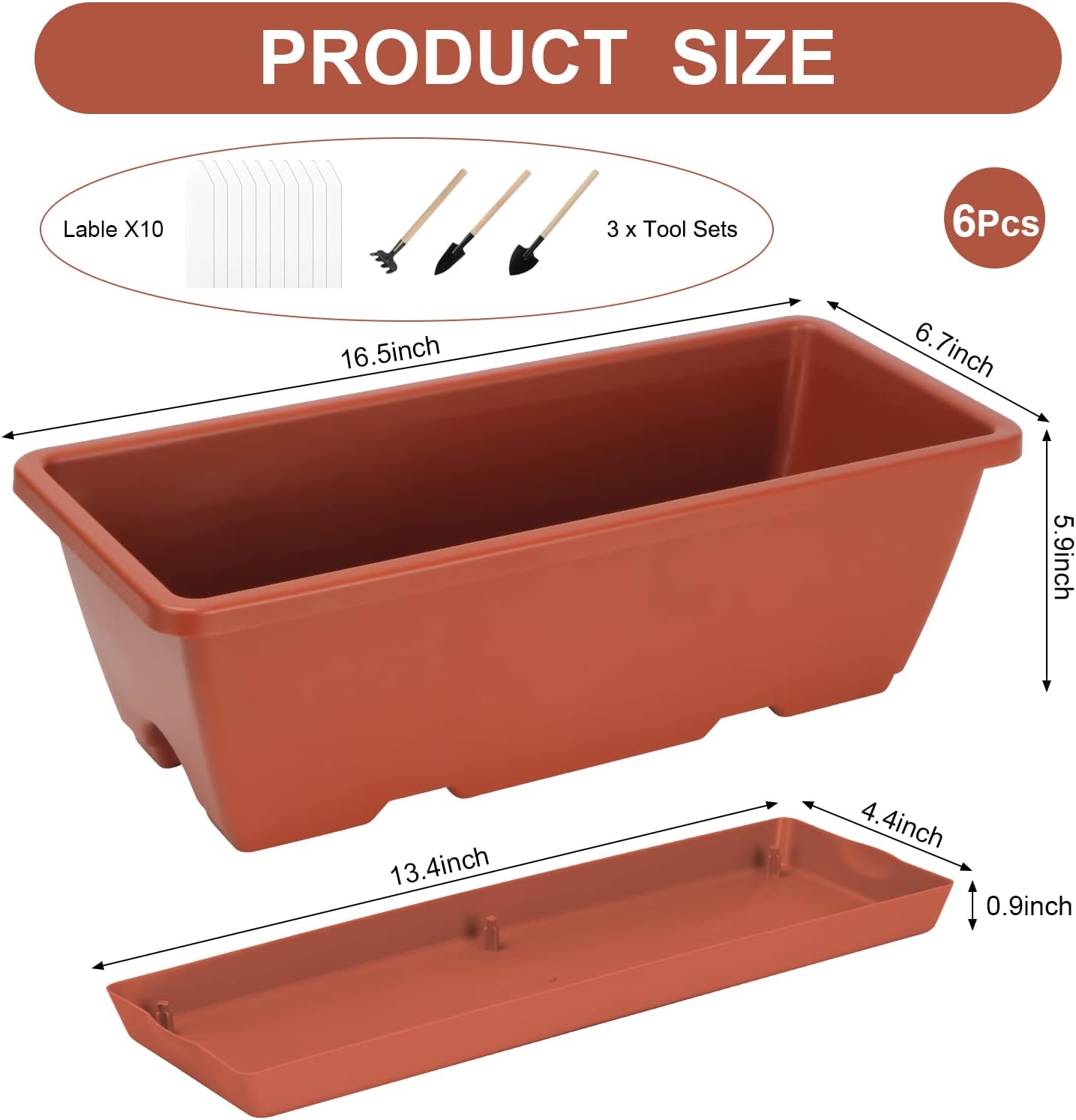 Window Box Planter, 6 Pack 17inch Plastic Vegetable Flower Planter Boxes with Tray, Indoor Outdoor Flower Pots for Windowsill, Patio, Porch, Garden Balcony, Brick Red