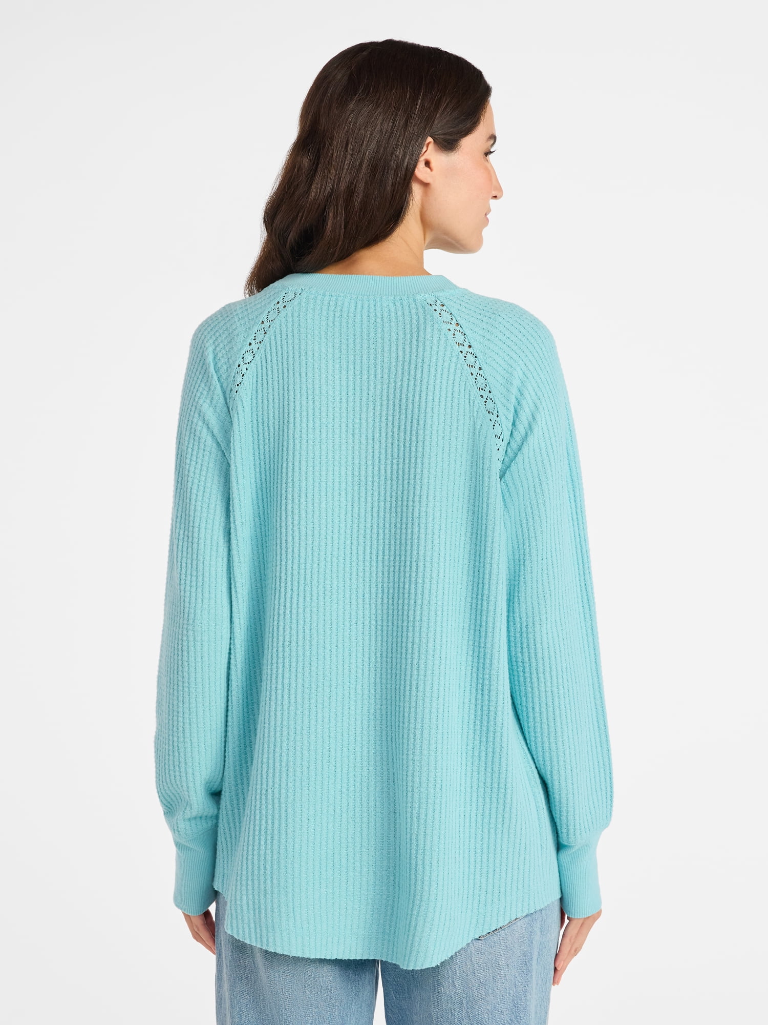 Time and Tru Women’s Notch Neck Waffle Top with Long Sleeves, Size XS-XXXL