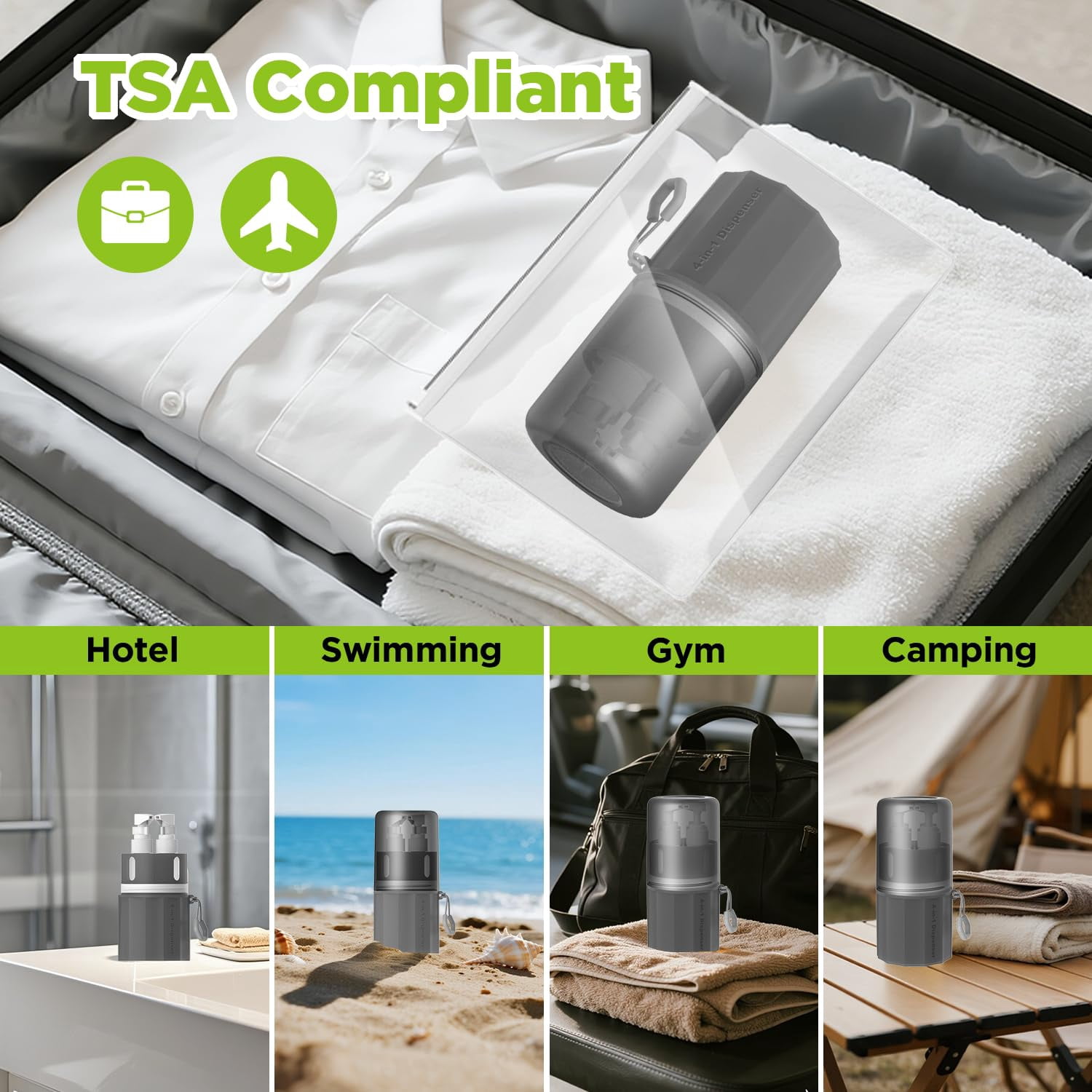 4 in 1 Travel Dispenser Bottle, Vacuum Silicone Suction Cup for Smooth Walls, TSA Approved Leak Proof Travel Size Containers for Toiletries, Shampoo, Body Wash and Conditioner