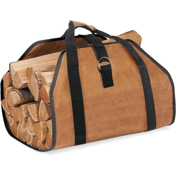 Large Waxed Canvas Firewood Carrier, Heavy Duty Firewood Log Tote, for Carrying Wood, Fire Place Sturdy Wood Storage Bag with Handles for for Easy Carry