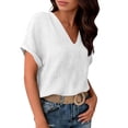thumbnail image 5 of LNWUY Summer Linen Shirts for Women V Neck Blouses Roll Short Sleeves Dressy Casual Tunic Tops Cotton Linen Loose Fit Tops White M, 5 of 9