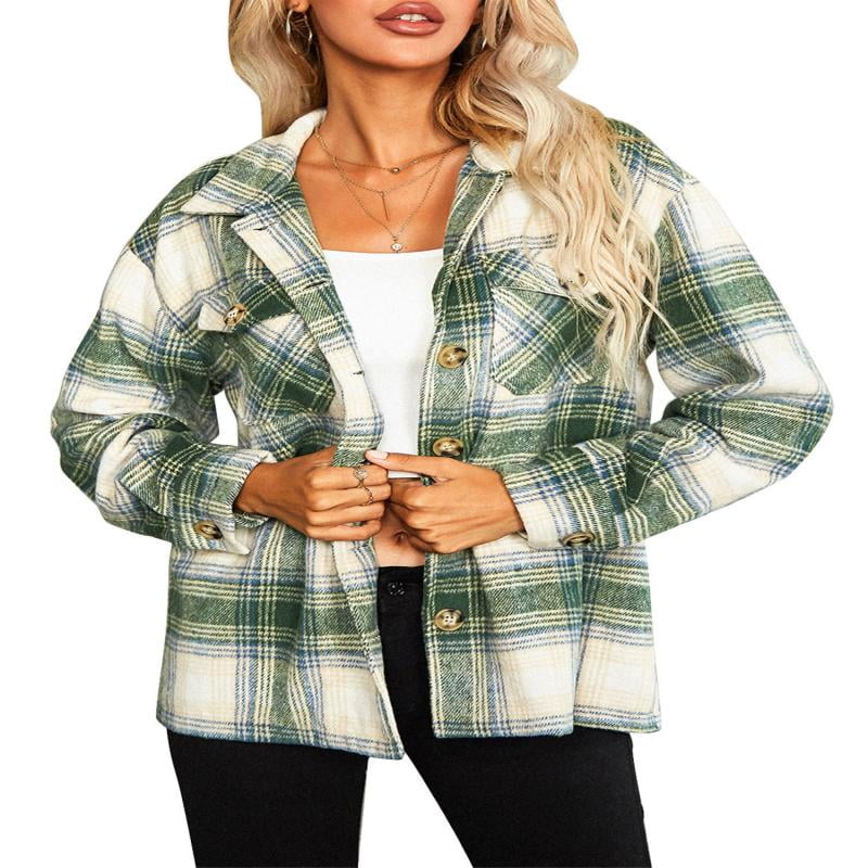 sundhed Signal fiber Women's Causal Plaid Jacket Cuffed Long Sleeve Button Down Chest Pocketed  Shirts Coats Shacket - Walmart.com
