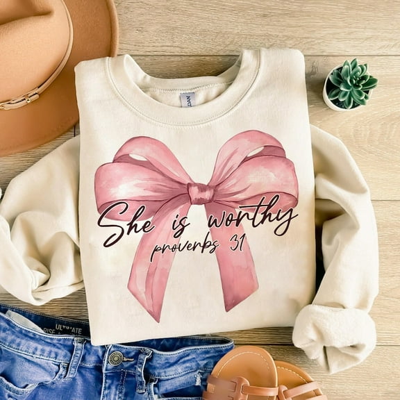 She Is Worthy Sweatshirt, Christian Faith Bow Crewneck, Coquette Religious Pullover, Girly Bible Verse Top, Inspirational Faith Sweatshirt