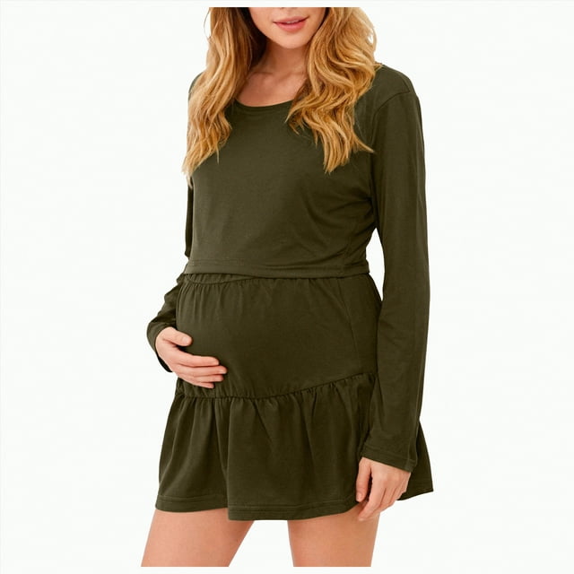 WUANDIXFA Robe de Maternité à Manches Longues Robe de Maternité Confortable Douce à la Mode Couleur Unie Robe de Maternité à Col Rond Vert,2TG