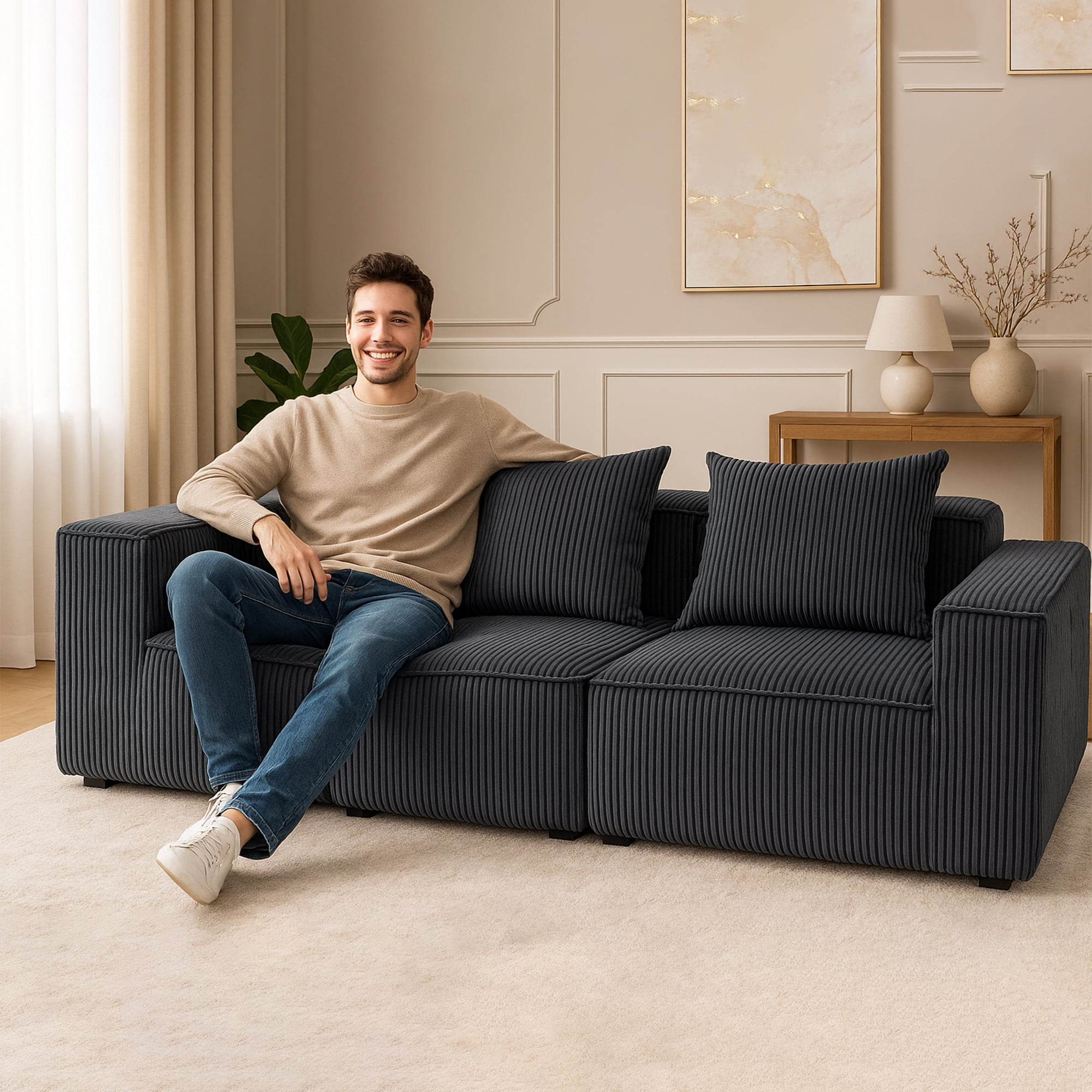 Demi Bonn 111" Modular Sectional Sofa Couchesk, Corduroy 3 Seat Couch Memory Foam Couches for Living Room, Cloud Couch, Gray