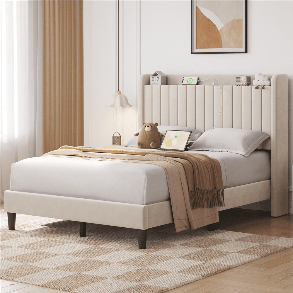 Renwick Velvet Bed Frame with Charging Outlets and USB Ports and Storage Headboard, Adult, Full, Beige