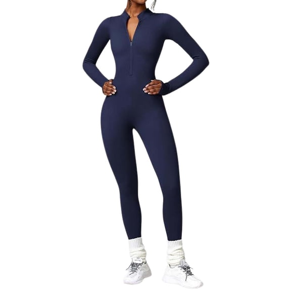 KHONTS Women's Long Sleeve Workout Jumpsuit Zip up Romper Bottom Pants Bodycon Bodysuit Navy XL
