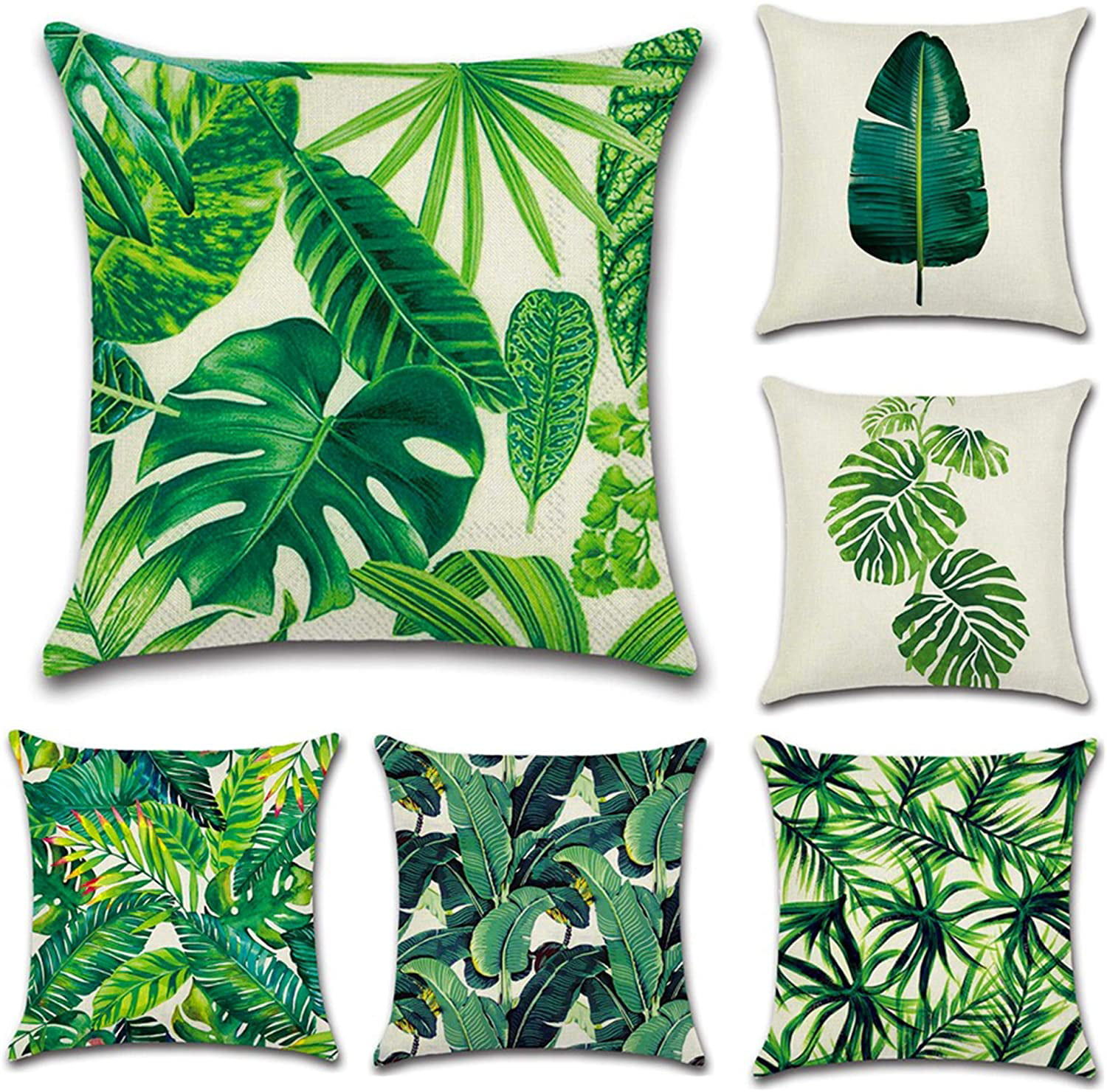 Set Of 6 Tropical Leaves Throw Pillow, Burlap Outdoor Throw Pillows