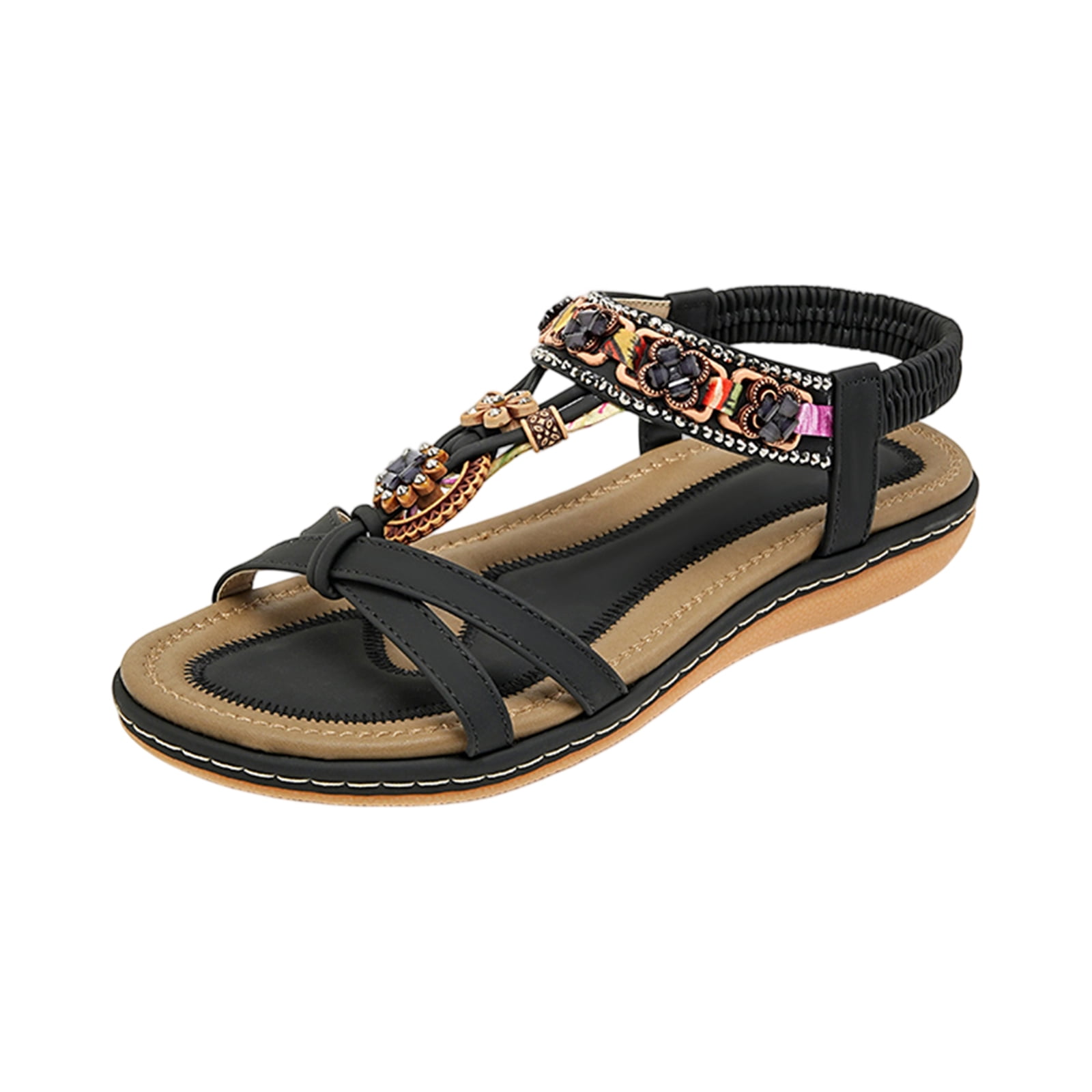 Women's sandals open toe bohemian flat style with enhanced arch support non-slip traction lasting comfortable wear sandals women designed for summer beach vacations excursions leisure,Black 35
