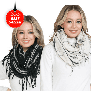 Basico 2PK Winter Scarfs for Women Plaid Infinity Scarf for Cold Weather, Black White