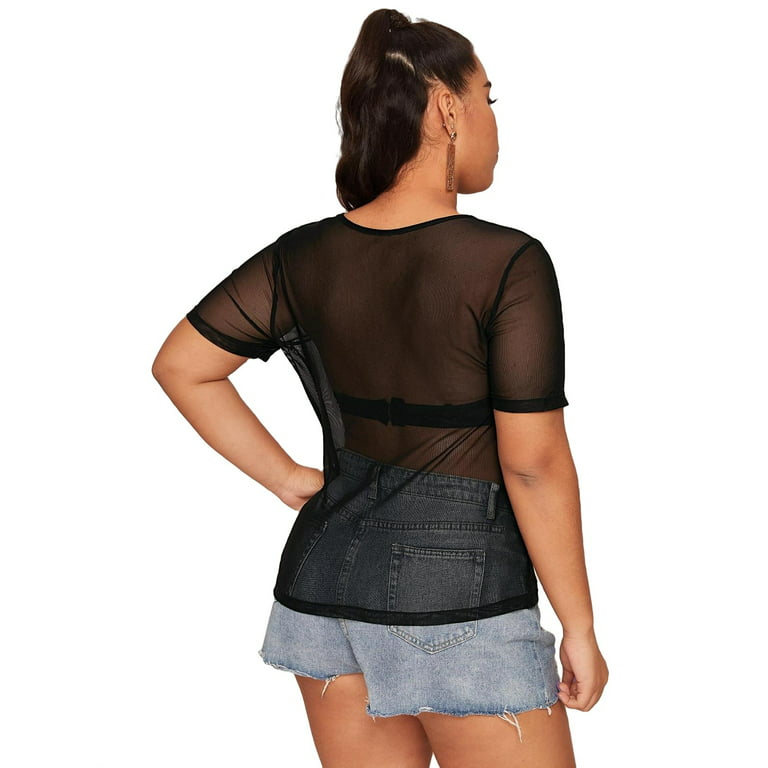 Sexy Solid Round Neck Short Sleeve Black Plus Size Womens Tops (Women's)