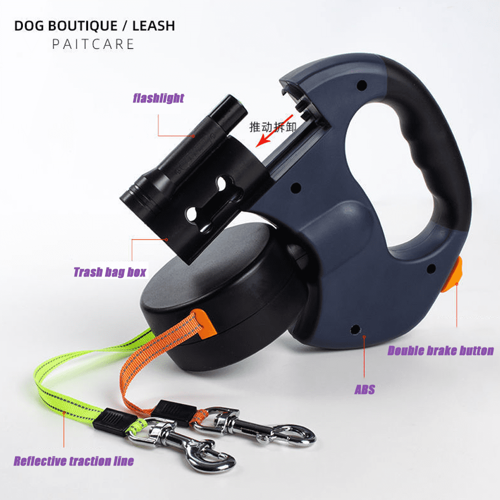 Two Dog Reflective Retractable Pet Leash Ropes – 360 Degree Zero Tangle - Two Dogs Each up to 50 lbs, Reflective Orange and Green Leads, Dual Locking, Auto Retractable with Flashlight