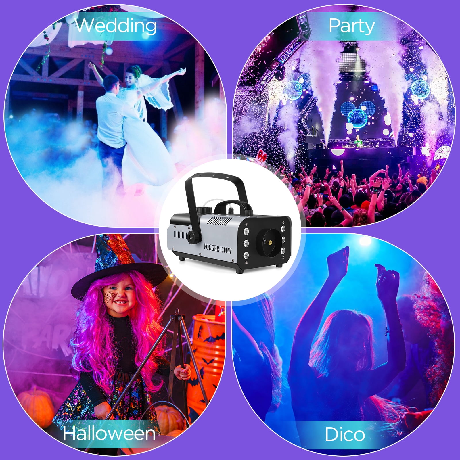 JAJALUY Fog Machine 1200W with RGB 6 LED Lights & Remote - Smoke Haze Generator for Stage, DJ, Club, Party (1 Pack)